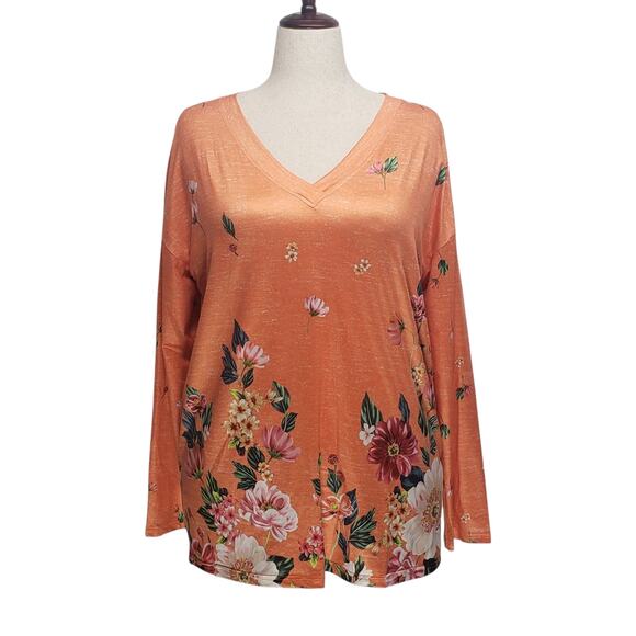 NWT Coeur De Vague XL Tunic Top Orange Floral V-Neck Stretch Long Sleeve - Picture 1 of 9